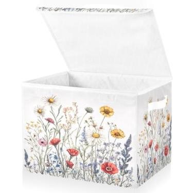 Imagem de Blueangle Caixas de armazenamento dobráveis 1 pacote, cestas de armazenamento de flores silvestres com tampas e alça para casa quarto armário escritório (144)