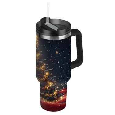 Imagem de Blueangle Copo de árvore de Natal estrelas brilhantes de 1,134 g com alça e tampa de palha, caneca de viagem de aço inoxidável isolada a vácuo de parede dupla, garrafa de água reutilizável para