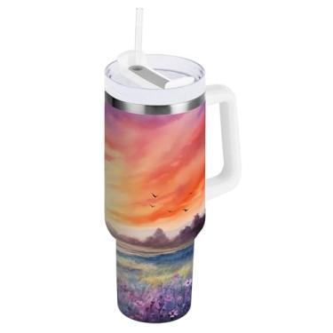 Imagem de Blueangle Copo isolado de 1,134 g com alça e tampa de canudo - Caneca de viagem de aço inoxidável à prova de vazamento, pôr do sol a vácuo de parede dupla em uma garrafa de água roxa (920)