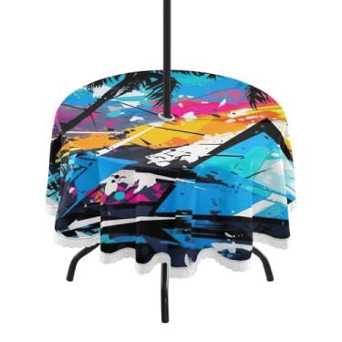 Imagem de Blueangle Toalha de mesa redonda impermeável com palmeiras tropicais de 152 cm com orifício para guarda-chuva - Tecido resistente à prova de sol para todos os climas para pátio, acampamento