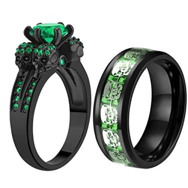 Imagem de Ringcrown Anéis de casal combinando anéis de caveira verde CZ conjuntos de alianças de casamento femininas para ele e ela alianças de casamento, women size7 & men size8, Metal Cristal Metal Cristal