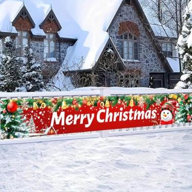 Imagem de HOMETITUTE Faixa de Feliz Natal 395,7 x 50,8 cm, pano de fundo de boneco de neve vermelho, decorações de Natal para quintal, cerca, varanda, parede, férias, festa, pendurar banner para fotografia de