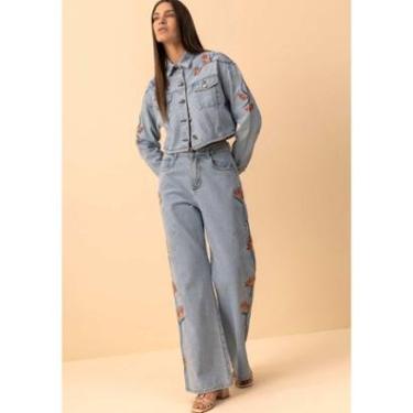 Imagem de Calça Jeans Wide Leg Com Cintura Alta E Bordados Laterais-Feminino