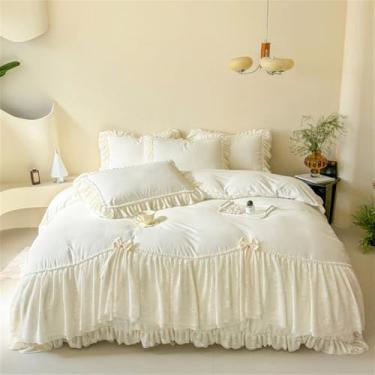 Imagem de XLCZMYL Jogo de cama estilo princesa laço rosa doce menina chiffon babados capa de edredom fronha casamento casa têxtil, bege, lençol com elástico 1,5 MBed