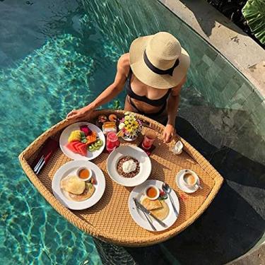 Imagem de Bandejas de servir flutuantes barra de mesa, bandeja flutuante de café da manhã para piscina, tipo folha, flutua para piscina, durável, resistente a UV para refresco de salão de boia de festa (latão