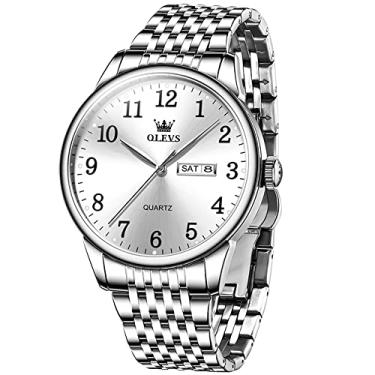 Imagem de OLEVS Relógio masculino à prova d'água com data e dia, analógico, quartzo, casual, número, clássico, luxuoso, escalas luminosas, 41 mm, rosto grande, fácil leitura, Reloj para Hombre, Silver