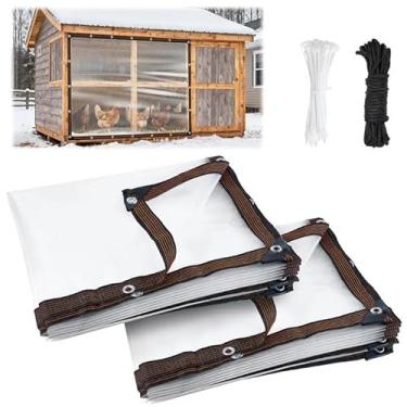 Imagem de 2 peças de cobertura de galinheiro à prova d'água de 2 x 3 m para o inverno, lona antirasgo com corda e abraçadeira, isolamento de galinheiro à prova de vento, capa de inverno para gaiola de aves de