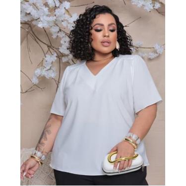 Imagem de Blusa Crepinho Gola V Feminina Plus Size - Multimarcas, Branco, G2