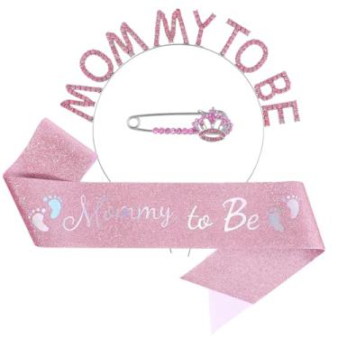 Imagem de Grevosea Conjunto de 3 peças de decorações de chá de bebê, faixa rosa com strass tiara coroa broche revelação de gênero, lembrancinhas de festa, presente de maternidade para revelação de gênero e chás