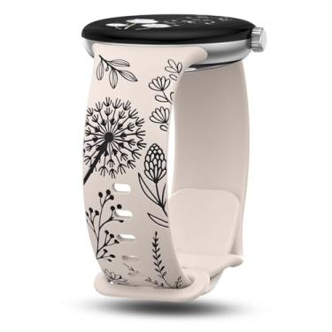 Imagem de Pulseiras femininas com gravação floral compatível com Google Pixel Watch 4/3 de 41 mm/Pixel Watch 2/1, flor em dois tons, linda pulseira esportiva de silicone macio, luz das estrelas - preta