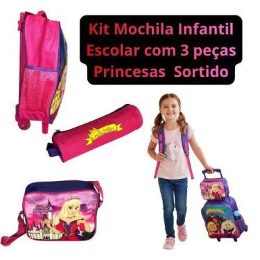 Imagem de Kit Mochila Infantil Escolar com 3 peças Princesas Rosa/Roxo - Sortido