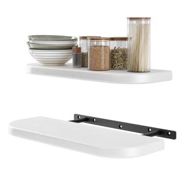 Imagem de BATODA Conjunto de 2 prateleiras flutuantes de madeira de acácia branca de 43 cm montadas na parede (borda redonda) – Estante de parede decorativa de madeira – Organizador de prateleira de