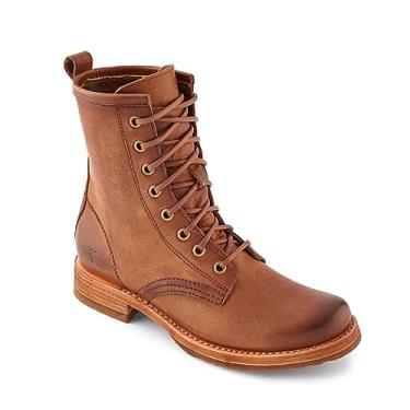 Imagem de Frye Botas de combate femininas Veronica feitas de couro italiano vintage polido à mão com estrutura Goodyear Welt e forro de couro – Altura do cano 15,5 cm, Caramel, 7