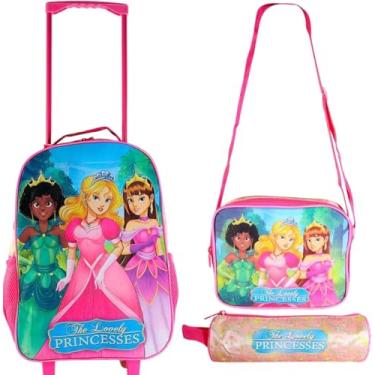 Imagem de Mochila Escolar Princesas Kit Infantil Meninas De 3 Peças Com Rodinhas Silenciosas+Estojo+Lancheira Merendeira Com Alças - Conforto e Sofisticação