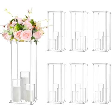 Imagem de Sieral 6 conjuntos de 6 conjuntos de vasos de flores de acrílico transparente de 50 cm de altura, centros de mesa para casamento, suporte de flores com castiçais de vidro, vasos de flores
