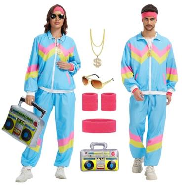 Imagem de PWQMGY Roupa dos anos 80 para homens e mulheres - 8 peças, fantasias dos anos 80 e 90 com acessórios; trajes de trilha para casais para festa de carnaval de Halloween (azul, 3GG)