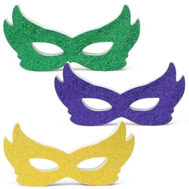 Imagem de A1diee Maridi Gras Glitter Wooden Mask Tiered Tray Decor - 3Pcs Green Purple Yellow Glitter 8x4in Masquerade Carnival Table Decorations, Mardi Gras Table Centerpieces Signs for Home Mantel Party Gift