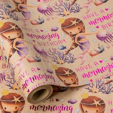 Imagem de RUSPEPA Rolo de papel de embrulho de aniversário para meninas, mini rolo, rolo de papel kraft com design de sereia, ideal para aniversários de meninas, festas e qualquer ocasião, 43 x 40 metros