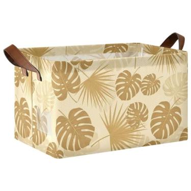 Imagem de Recipientes para organização para armazenamento de roupas, cestas decorativas grandes com alças, cestas organizadoras 40 x 29 x 25 cm folhas tropicais douradas, pacote com 2