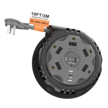 Imagem de Carretel de cabo de extensão retrátil com USB C PD 20W, plugue plano para viagem, proteção contra surtos com 5 portas USB CA 3, cabo de extensão de viagem de 3 m, tomada portátil, preto e cinza