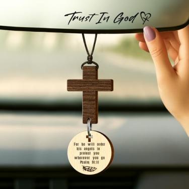 Imagem de LumenJar Cruz para pendurar espelho de carro - presentes cristãos para homens, mulheres - digitalize o telefone para ver versículo diário da Bíblia, enfeite de cruz pendurada no retrovisor (Salmo 91