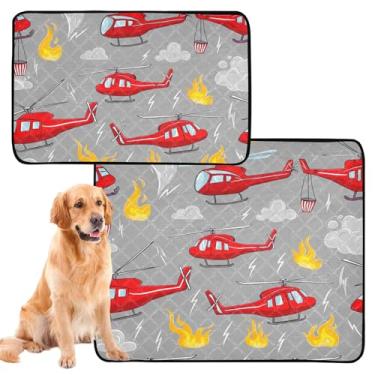 Imagem de Helicópteros de desenho vermelho cinza fogo laváveis tapetes de xixi para cães, tapete impermeável para gaiola, almofada de xixi reutilizável absorvente para filhotes, médio + grande, conjunto de 2