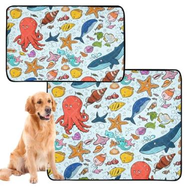 Imagem de Almofadas de xixi para cães de estimação, lavável, desenho animado, oceano, criaturas do mar, azul, reutilizável, tapete para gatos e filhotes, tapete absorvente à prova d'água para gaiola de cachorro