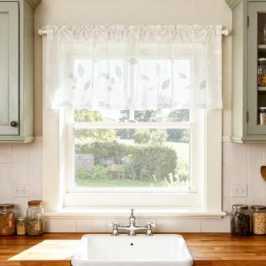 Imagem de VOGOL Cortinas de saia bordadas de folha branca, cobertura de janela transparente estilo country com textura de linho arejado, cortina decorativa leve para cozinha ou sala de estar, 1 painel, 132 x 45