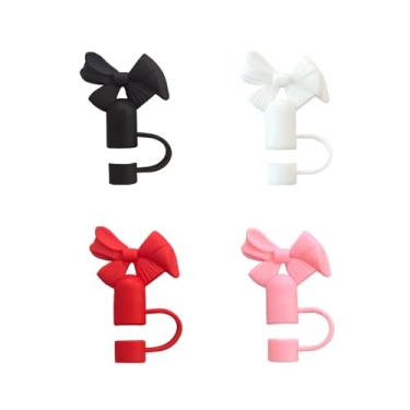 Imagem de Capa de canudo de laço compatível com Stanley copo de 30 e 1,134 g, bonito vermelho, branco, preto, rosa, laço de silicone, tampa de canudo reutilizável para dia dos namorados para copos Stanley de 10