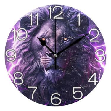 Imagem de GAIGEO Relógio de parede analógico decorativo divertido alimentado por bateria relógio de cozinha rústico, decoração de parede de casa de fazenda moderna, leão preto fofo, roxo, 25 cm, ponteiros