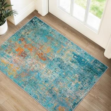 Imagem de RELEANY Tapetes de área laváveis 6 x 7 cm, antiderrapante, moderno, abstrato, macio para sala de estar, entrada, quarto, estampa estampada, azul-petróleo, verde, laranja, vermelho enferrujado