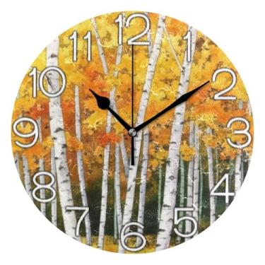 Imagem de GAIGEO Relógio de parede analógico amarelo floresta de bétula árvore de outono decorativo quarto cozinha relógio operado a bateria, arte de parede moderna legal decoração de casa, 25 cm, ponteiros