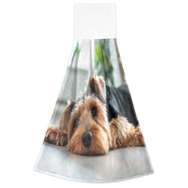 Imagem de Toalhas de mão fofas de cachorro marrom preto outono com laço para pendurar no forno toalhas de gravata conjunto de 2 toalhas fofas macias absorventes decoração de cozinha, 18,2 x 14 polegadas