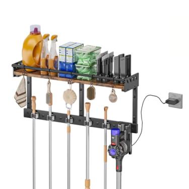 Imagem de Yanxifei Suporte de parede resistente com ganchos, organizador de vassoura e esfregão com prateleira superior, suporte de armazenamento de parede para garagem e sala de utilidades (grande)