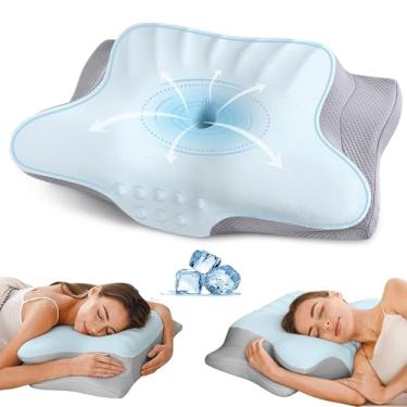 Imagem de Travesseiro cervical para alívio da dor no pescoço, travesseiro ergonômico de contorno lateral para adultos, travesseiro de pescoço de espuma viscoelástica com travesseiro refrescante para dormir