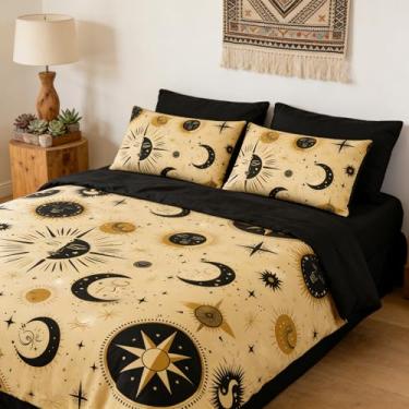Imagem de CCoutueChen Jogo de cama queen com sol e lua, boêmio, hippie, para decoração de quarto de mulheres adultas, 3 peças, microfibra macia, edredom com 2 fronhas/221 x 239 cm