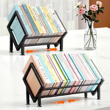 Imagem de BESHIGH Organizador de estante de mesa ajustável, conjunto de 2 estantes de mesa inclinadas no escritório, casa/quarto, suporte para armazenamento de discos de vinil para revistas/CDs/livros/vinis