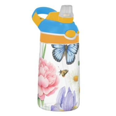 Imagem de Garrafa de água esportiva infantil de 473 ml com tampa de palha, garrafa de água portátil para escola, copo Tritan infantil de 473 ml, alça de transporte, borboletas flores silvestres