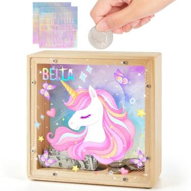 Imagem de Cofrinho para crianças, cofrinho de madeira para meninos e meninas, cofrinho de unicórnio de dinossauro com adesivos DIY para aniversário, presentes de Páscoa, roxo e azul