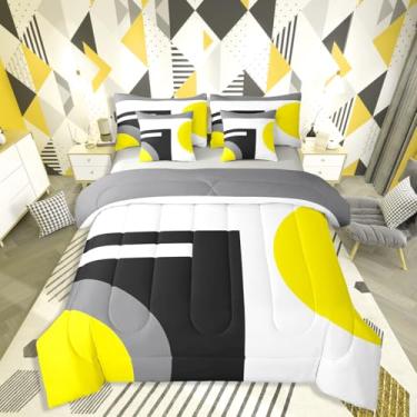 Imagem de Erosebridal Jogo de cama king com edredom geométrico moderno, amarelo, preto, cinza, 7 peças, listras estéticas, para quarto de crianças, adolescentes e adultos