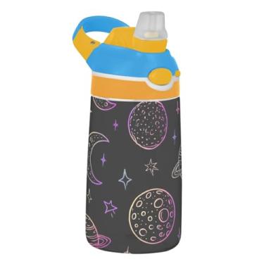 Imagem de Garrafa de água Tritan de 473 ml para crianças, à prova de vazamento, garrafa de água de plástico de 473 ml com canudo reutilizável copo infantil portátil, alça de transporte, luas neon pretas