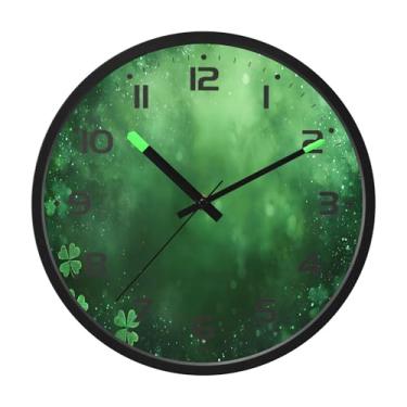 Imagem de SEHANY Relógio de parede Green Clover, silencioso, sem tique-taque, relógio redondo operado por bateria, controle de som, luz noturna, relógios de parede para sala de estar, cozinha, quarto