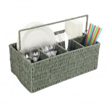 Imagem de Mowhut Suporte de utensílios, organizador de talheres tecido à mão, 5 compartimentos, dispensador de pratos de papel com alça, organizador de bancada de cozinha para colheres, garfos, pratos