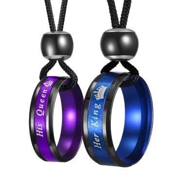 Imagem de UTHOSMDO Conjunto de colar para casais His Queen Her King, anéis de aço inoxidável roxo e azul, cordão preto para casais presentes para amantes, Adjustable, Aço inoxidável Aço inoxidável Cordão de