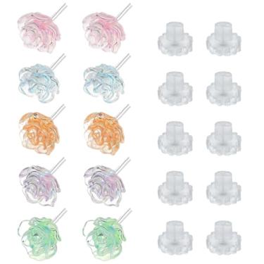 Imagem de Conjunto de 5 pares de brincos de flor rosa 3D para orelhas sensíveis, brincos transparentes de plástico de silicone macio DLAND com costas, brincos coloridos leves em 5 cores (verde, azul, laranja