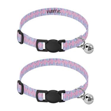Imagem de SEHANY Conjunto de 2 coleiras de cachorro com laço rosa fofo, fivela de plástico resistente, leve, macia e leve, com sino pequeno, coleiras personalizadas com nome de animal de estimação para meninos