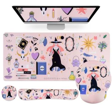 Imagem de Petmolico Conjunto de mouse pad com teclado de computador, mouse pad com descanso de pulso, almofada de pulso e porta-copos para copos, design ergonômico para alívio da dor de digitação [rosa