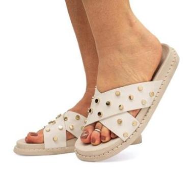 Imagem de Sandália Flatform Feminina Casual Brilho Metálico Enfeite Metal Papete Flat Plataforma-Feminino