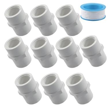 Imagem de Rierdge Pacote com 10 acessórios de acoplamento de PVC de 1/2 polegada - Conectores de tubo SCH 40 com roscas fêmeas NPT e extremidades de soquete deslizante (inclui fita)