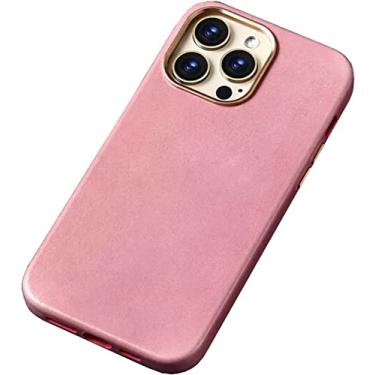 Imagem de FULNES Capa traseira de telefone de couro de vaca de cera de óleo, para Apple iPhone 14 Plus 2022 capa retrô resistente a arranhões [carregamento sem fio] (cor: rosa)